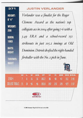 Justin Verlander 2005 Donruss Playoff Rookie Card #371