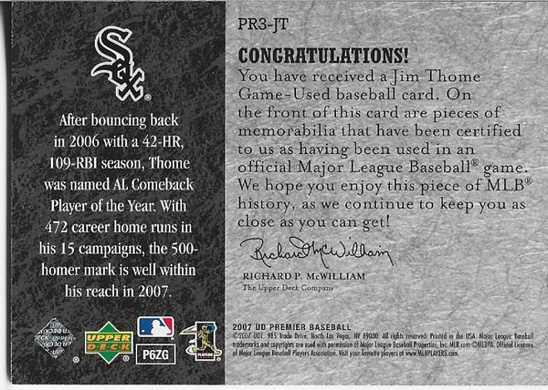 Jim Thome 2007 Upper Deck Game Used Jersey Card 59/75 #PR3-JT