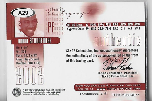 Amare Stoudemire 2002 Sage #A29 (202/240) Autograph Rookie Card