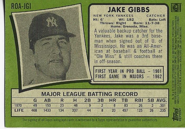 Jake Gibbs Topps 2020 Reprint Autographed Card