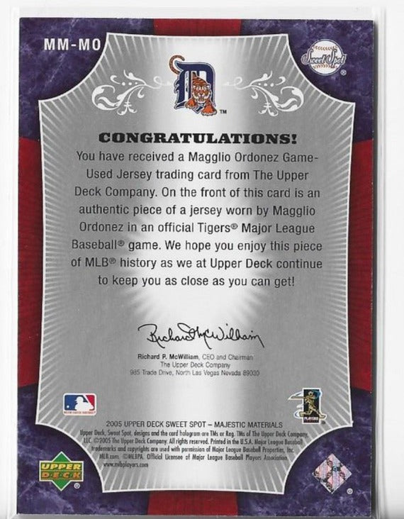 Magglio Ordonez 2005 Upper Deck Sweet Spot #MM-MO Majestic Materials Game Used Jersey Card
