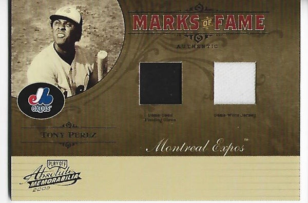 Tony Perez 2005 Donruss Marks Of Fame #MF-38 (06/10) Game-Used Glove And Game-Worn Jersey Card
