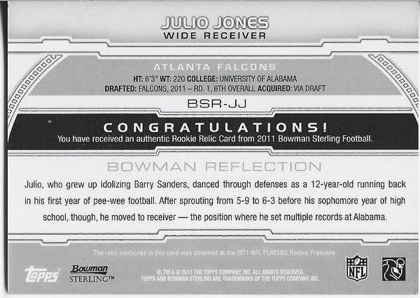 Julio Jones 2011 Topps Bowman Sterling Rookie Relic Card #BSR-JJ