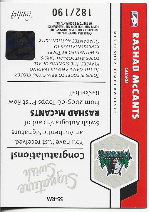 Rashad McCants 2006 Topps Autographed Card 182/190 #SS-RM