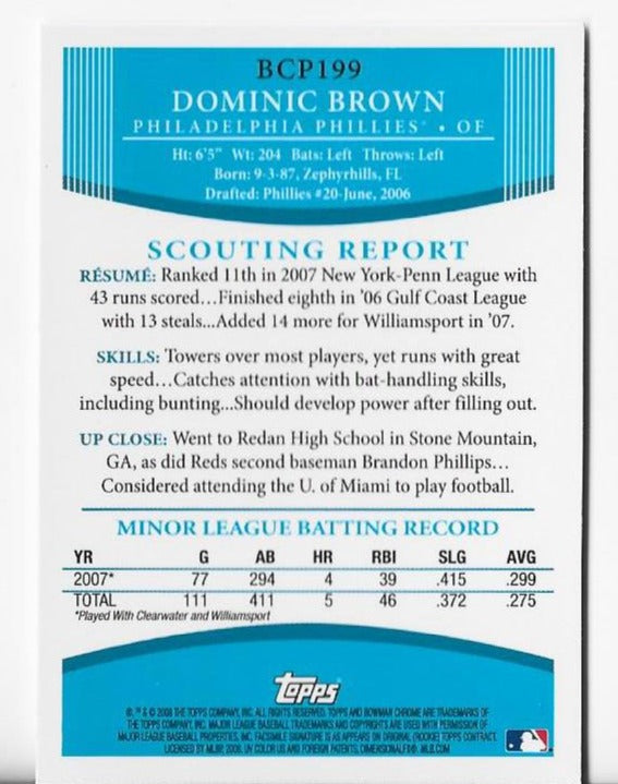 Dominic Brown 2008 Topps #BCP199 Bowman Chrome Rookie Card