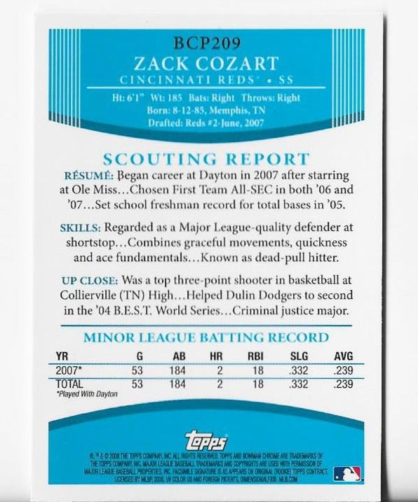 Zack Cozart 2008 Topps #BCP209 Bowman Chrome Card