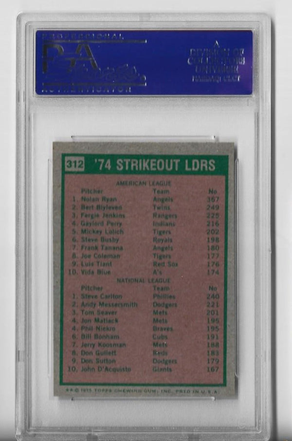 Nolan Ryan / Steve Carlton 1975 Topps Mini Strikeout Leaders #312 (PSA Grade MINT 9) Card