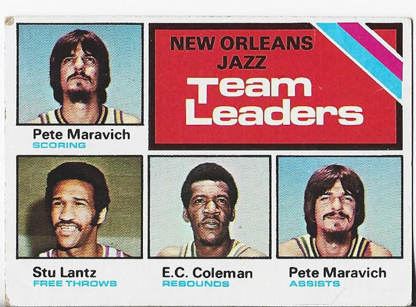 Pete Maravich, Stu Lantz, and EC Coleman 1975 Topps New Orleans Jazz Team Leaders Card #127