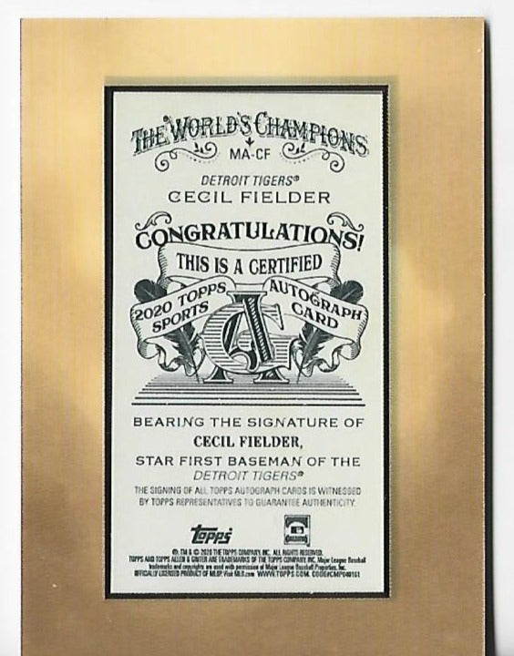 Cecil Fielder 2020 Topps #MA-CF Allen & Ginter Certified Autograph Card