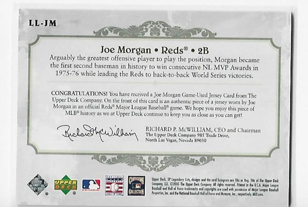 Joe Morgan 2005 Upper Deck SP Legendary Cuts #LL-JM (62/75) Authenticated Jersey Card