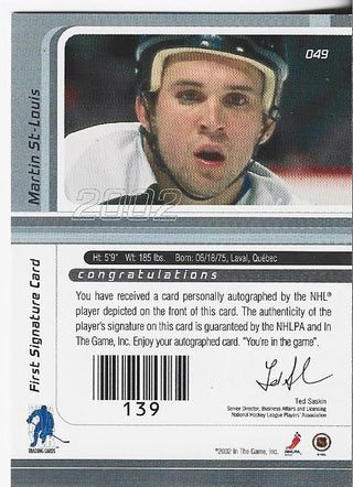 Martin St Louis 2002 In The Game Autographed Card #49