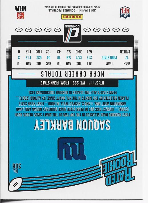Saquon Barkley 2018 Panini Donruss Rookie Card #306