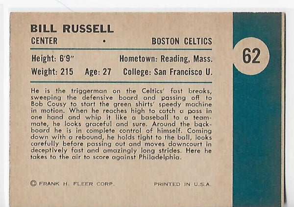 Bill Russell 1961 Fleer Basketball #62 In Action Card