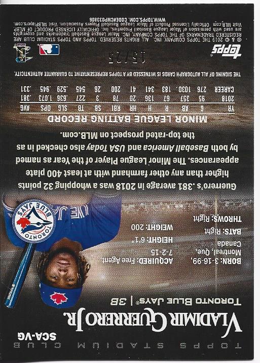 Vladimir Guerrero Jr 2019 Topps Stadium Club Autographed Rookie Card 15/25 #SCA-VG