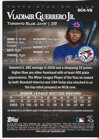 Vladimir Guerrero Jr 2019 Topps Stadium Club Autographed Rookie Card 15/25 #SCA-VG