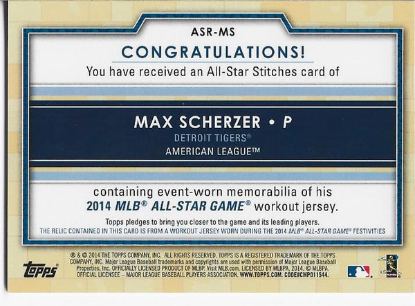 Max Scherzer 2014 Topps All Star Stitches Game Used Jersey Card
