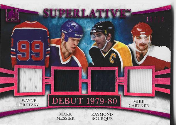 Wayne Gretzky, Mark Messier, Ray Bourque, and Mike Gartner 2014 Leaf Game Used Jersey Card 16/20 #SD-05