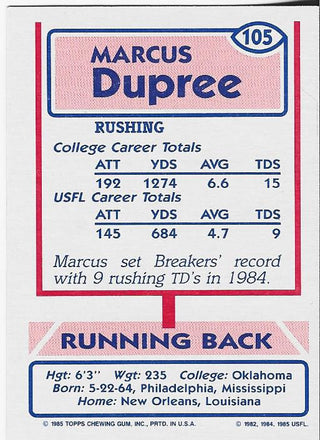 Marcus Dupree 1985 Topps Card #105