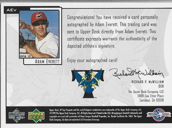 Adam Evereett 1999 Upper Deck Autographed Card