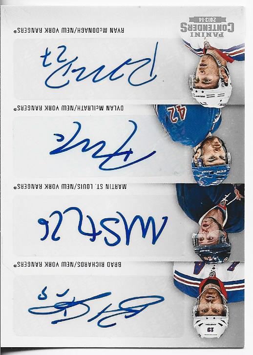 Brad Richards, Martin St Louis, Dylan Mcilrath, and Ryan Mcdonagh 2013 Panini Contenders Autographed Card #C4-NVR