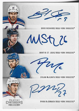 Brad Richards, Martin St Louis, Dylan Mcilrath, and Ryan Mcdonagh 2013 Panini Contenders Autographed Card #C4-NVR