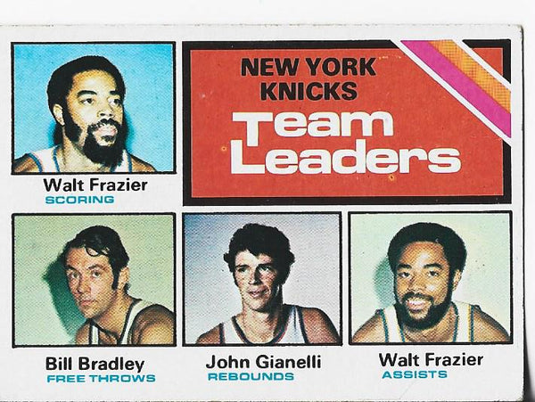 Walt Frazier. Bill Bradley, and John Gianelli 1975 Topps Team Leaders Card #128