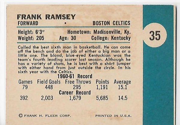 Frank Ramsey 1961 Fleer Basketball #35 Card