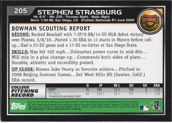 Stephen Strasburg 2010 Bowman Chrome Rookie Card #205