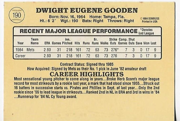 Dwight Gooden 1985 Donruss #190 Rookie Card