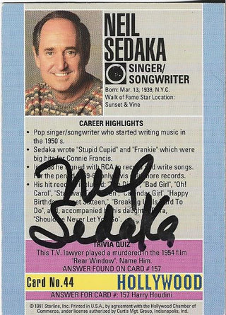 Neil Sedaka 1991 Starline Hollywood Autographed Card #44