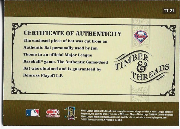 Jim Thome 2004 Donruss Game Used Bat Card