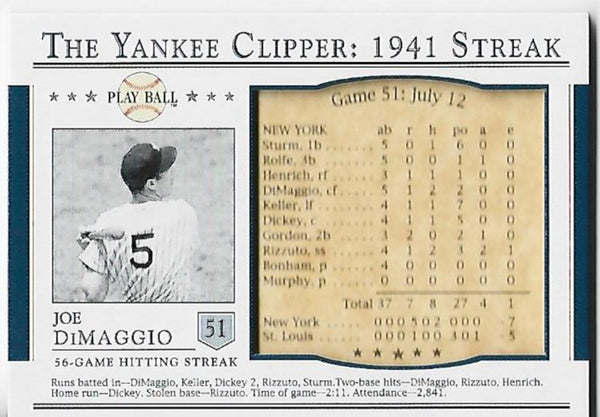 Joe DiMaggio 2003 Upper Deck Play Ball 1941 Streak #S-51 Card