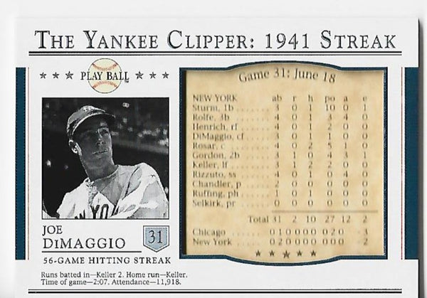 Joe DiMaggio 2003 Upper Deck Play Ball 1941 Streak #S-31 Card