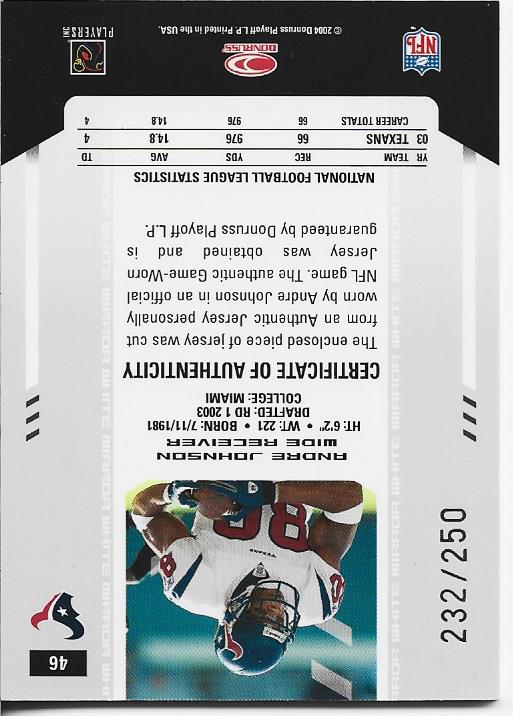 Andre Johnson 2004 Donruss Playoff Game Worn Jersey Card 232/250