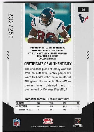Andre Johnson 2004 Donruss Playoff Game Worn Jersey Card 232/250