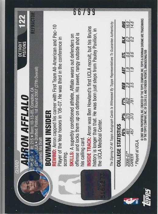 Arron Afflalo 2006 Bowman Chrome Autographed Rookie Card 66/99