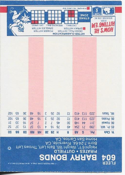 Barry Bonds 1987 Fleer Card #604