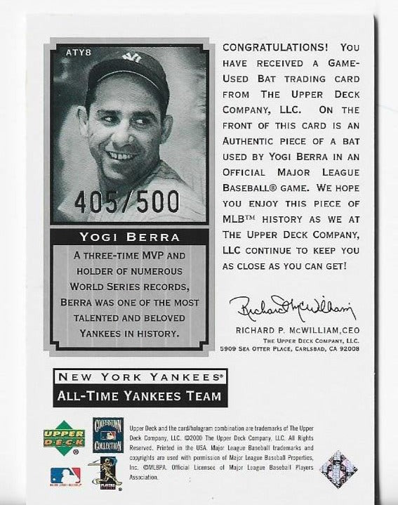 Yogi Berra 2000 Upper Deck The Master Collection #ATY8 (405/500) Game-Used Bat Card