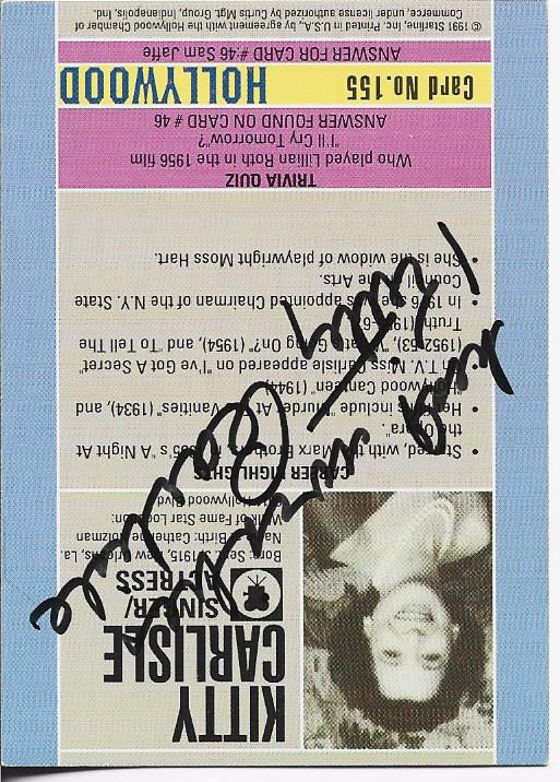 Kitty Carlisle 1991 Starline Hollywood Autographed Card #155