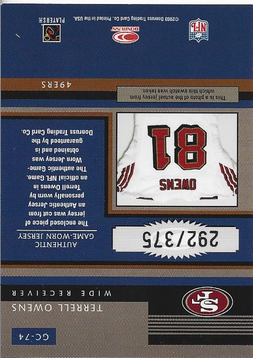 Terrell Owens 2003 Donruss Game Worn Jersey Card 292/375
