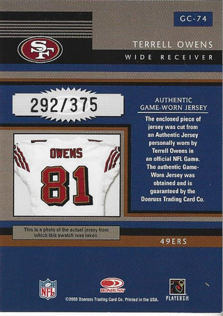 Terrell Owens 2003 Donruss Game Worn Jersey Card 292/375