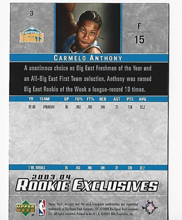 Carmelo Anthony 2003-04 Upper Deck #3 Rookie Exclusives Card