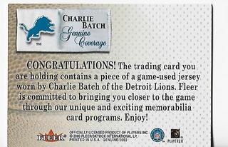 Charlie Batch 2000 Fleer Game Used Jersey Card