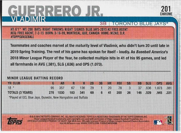 Vladimir Guerrero Jr. 2019 Topps Chrome Rookie Card #201