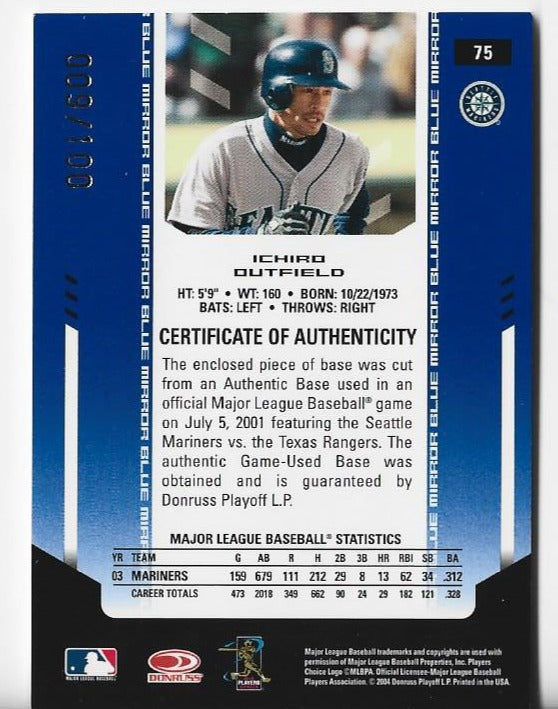 Ichiro 2004 Leaf Certified #75 (009/100) Game-Used Bat Card