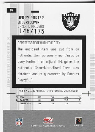 Jerry Porter 2005 Leaf Certified Jersey Card 148/175
