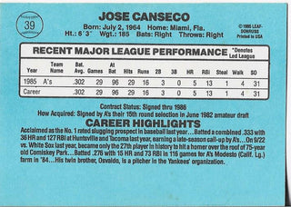 Jose Canseco 1986 Leaf Donruss Rookie Card #39