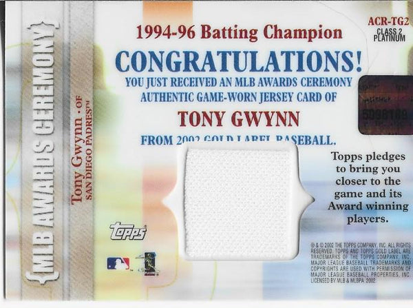 Tony Gwynn 2002 Topps Gold Label Game Used Jersey Card