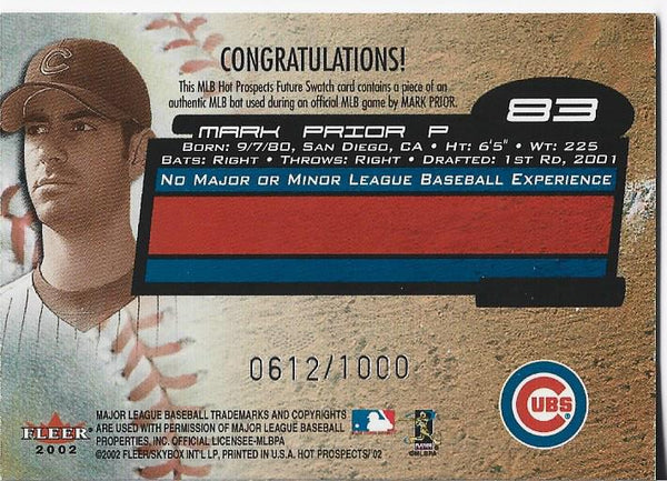 Mark Prior 2002 Fleer Game Used Bat Card 612/1000
