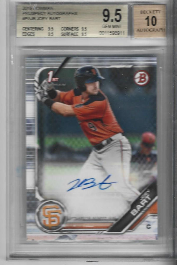Joey Bart 2019 Bowman Prospect Autographed Rookie Card (BGS 9.5 GEM MINT, Auto 10) #PA-JB